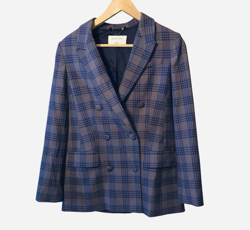 Aritzia Babaton Samuel blue gray double-breasted plaid blazer